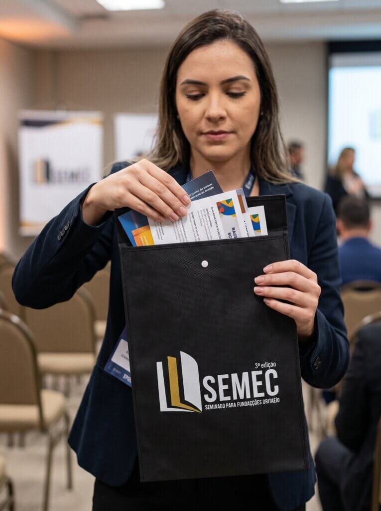 Envelope de tnt personalizado na cor preto semec para seminários e eventos