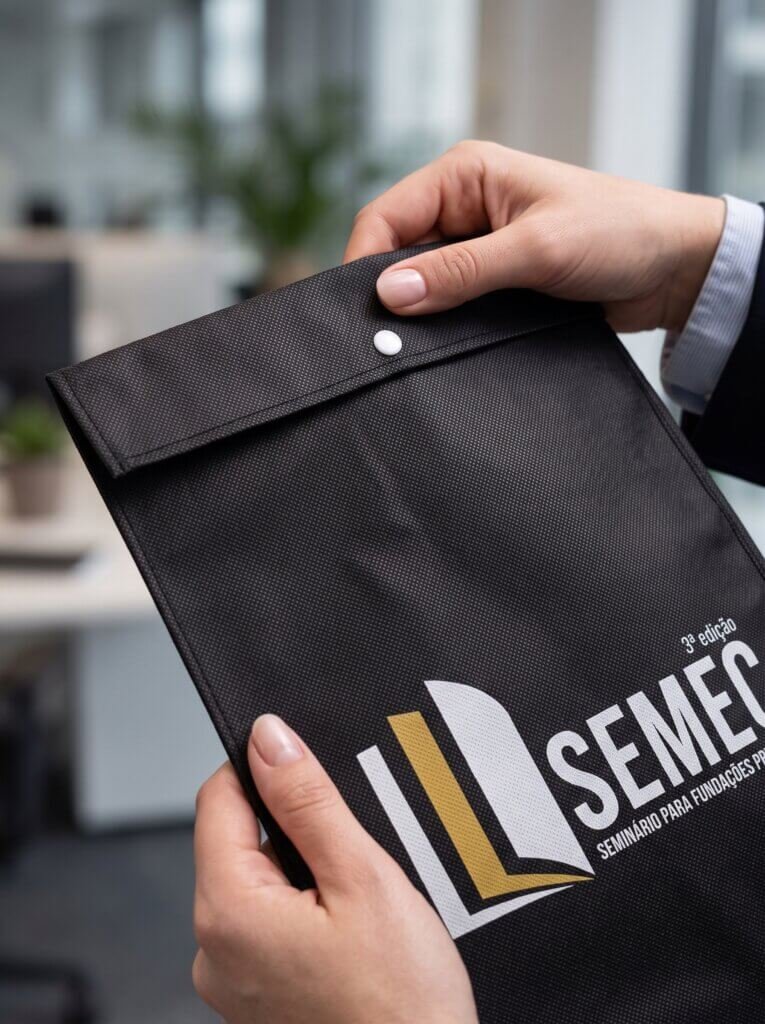Envelope de tnt personalizado em close na cor preto semec para seminários e eventos
